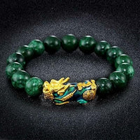 Feng Shui Bracelet, Green Stone Beads Bracelet Unisex Feng Shui Pi Xiu Wristband Gold Wealth Pixiu Women Men Bracelets-Black Green