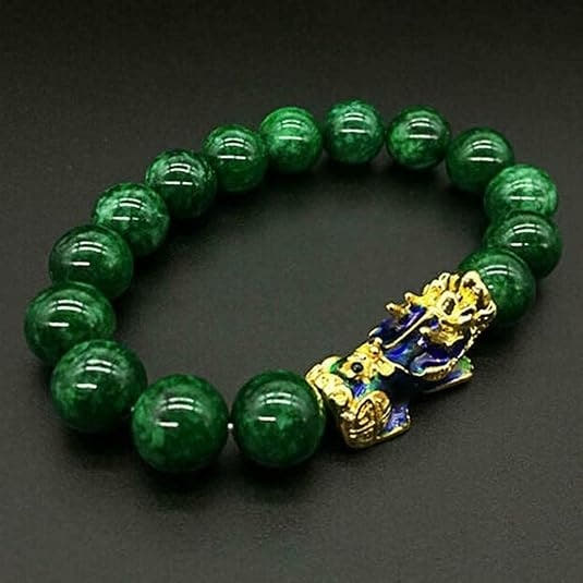 Feng Shui Bracelet, Green Stone Beads Bracelet Unisex Feng Shui Pi Xiu Wristband Gold Wealth Pixiu Women Men Bracelets-Black Green