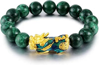 Feng Shui Bracelet, Green Stone Beads Bracelet Unisex Feng Shui Pi Xiu Wristband Gold Wealth Pixiu Women Men Bracelets-Black Green