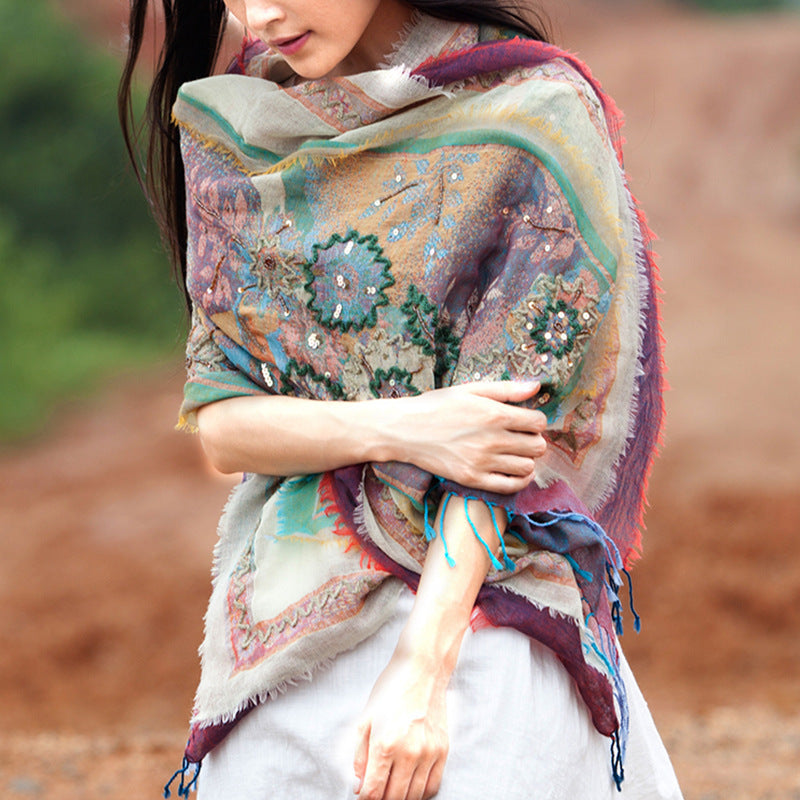 [100% boiled wool] Ethereal Grace – Handmade Wool Embroidered Shawl (195 cm x70 cm)
