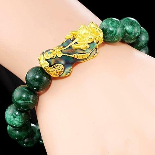 Feng Shui Bracelet, Green Stone Beads Bracelet Unisex Feng Shui Pi Xiu Wristband Gold Wealth Pixiu Women Men Bracelets-Black Green