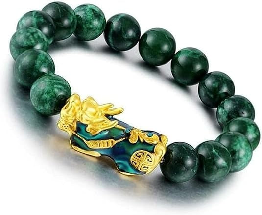 Feng Shui Bracelet, Green Stone Beads Bracelet Unisex Feng Shui Pi Xiu Wristband Gold Wealth Pixiu Women Men Bracelets-Black Green