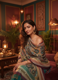 [100% boiled wool] Ethereal Grace – Handmade Wool Embroidered Shawl (195 cm x70 cm)