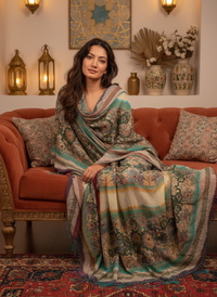 [100% boiled wool] Ethereal Grace – Handmade Wool Embroidered Shawl (195 cm x70 cm)